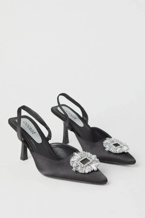Samia Satin Jewelled Brooch Detail Slingback High Heel Court Shoes