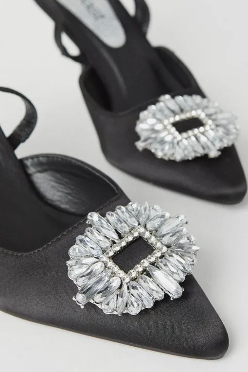 Samia Satin Jewelled Brooch Detail Slingback High Heel Court Shoes