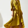 Satin Back Crepe Ruffle Wrap Midi Dress