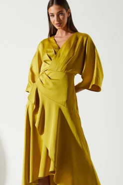 Satin Back Crepe Ruffle Wrap Midi Dress
