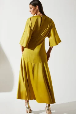 Satin Back Crepe Ruffle Wrap Midi Dress