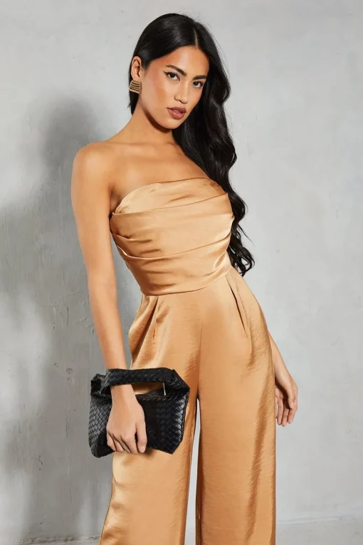 Satin Bandeau Ruched Bust Straight Leg Jumpsuit