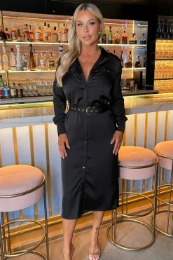 Satin Belted 3/4 Sleeve Gold Buttoned Midi Shirt Dress