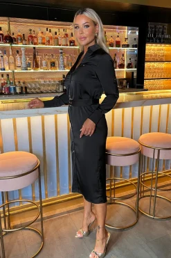 Satin Belted 3/4 Sleeve Gold Buttoned Midi Shirt Dress