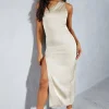 Satin Choker Scarf Asymmetric Split Leg Midi Dress