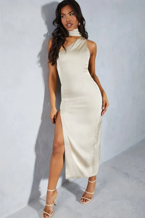 Satin Choker Scarf Asymmetric Split Leg Midi Dress