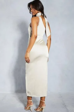 Satin Choker Scarf Asymmetric Split Leg Midi Dress