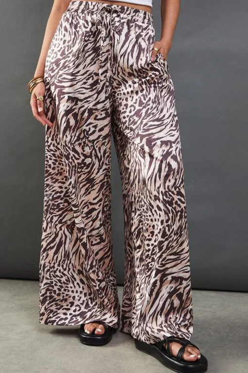 Satin Drawstring Waist Wide Leg Trouser