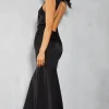 Satin Grown Neck Cut Out Back Fishtail Maxi Dress