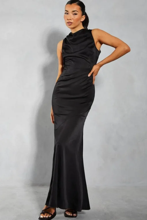 Satin Grown Neck Cut Out Back Fishtail Maxi Dress