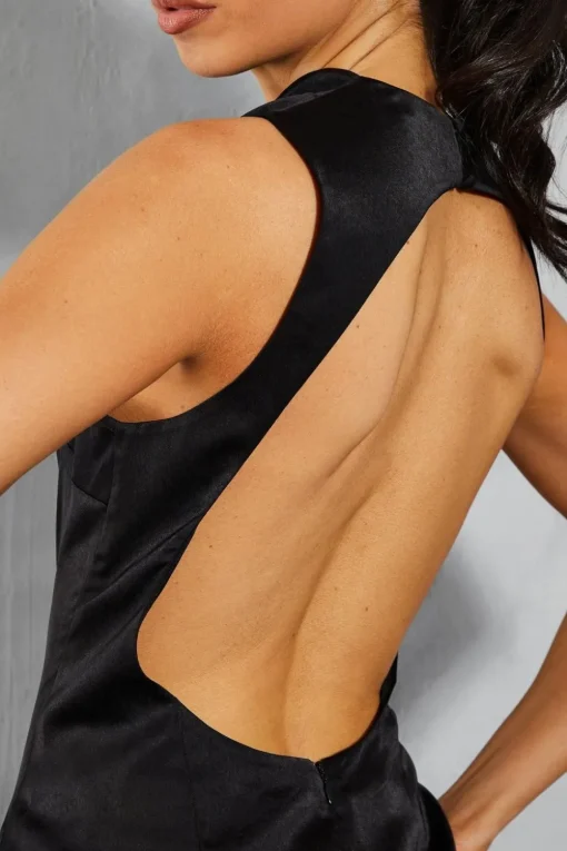 Satin Grown Neck Cut Out Back Fishtail Maxi Dress