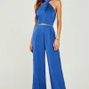 Satin Halter Neck Back Detail Jumpsuit In Blue