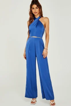 Satin Halter Neck Back Detail Jumpsuit In Blue