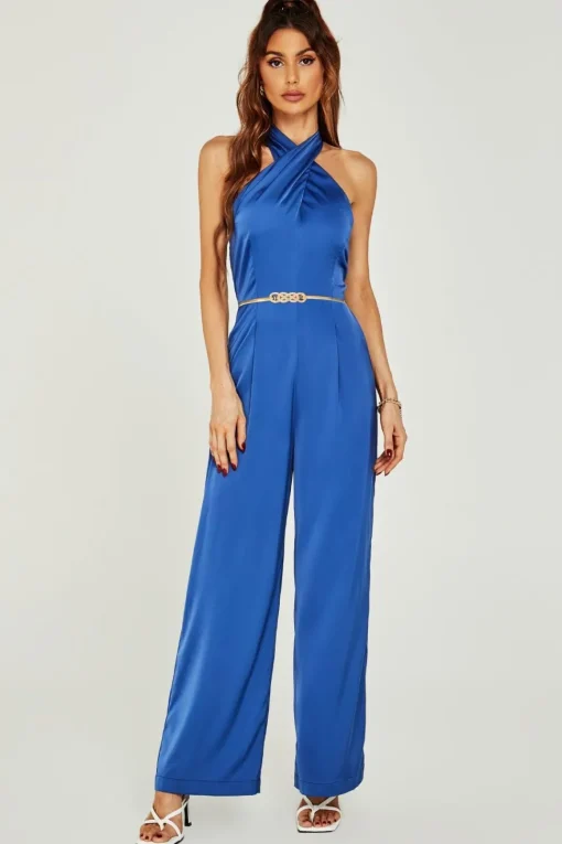 Satin Halter Neck Back Detail Jumpsuit In Blue