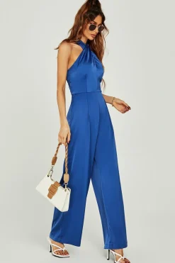 Satin Halter Neck Back Detail Jumpsuit In Blue