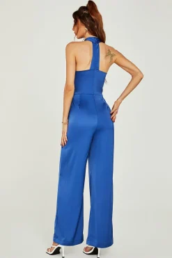 Satin Halter Neck Back Detail Jumpsuit In Blue