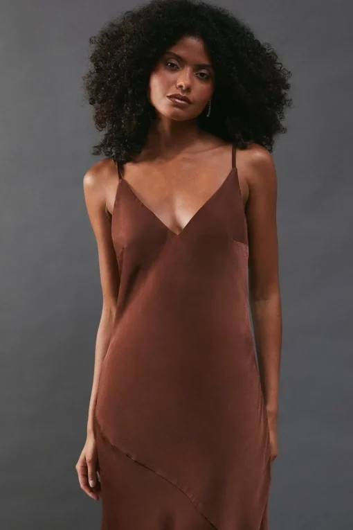 Satin High Apex Bias Midi Slip Dress