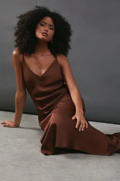 Satin High Apex Bias Midi Slip Dress