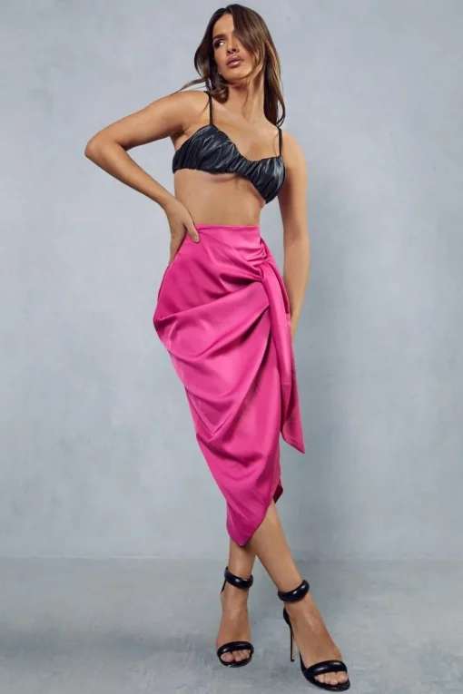 Satin High Waisted Wrap Midi Skirt