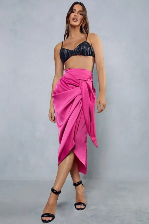Satin High Waisted Wrap Midi Skirt