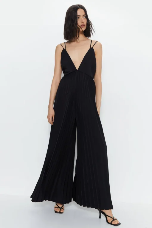 Satin Pleated Wide Leg Jumpsuit