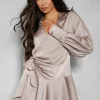 Satin Plunge Layered Frill Skirt Tie Side Wrap Mini Dress
