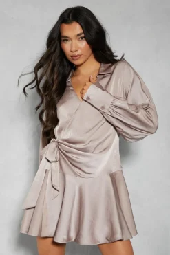 Satin Plunge Layered Frill Skirt Tie Side Wrap Mini Dress