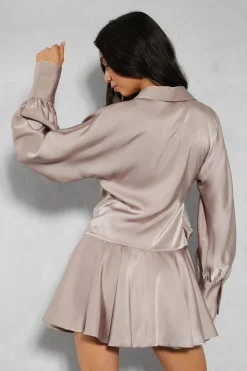 Satin Plunge Layered Frill Skirt Tie Side Wrap Mini Dress