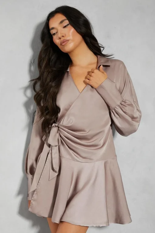 Satin Plunge Layered Frill Skirt Tie Side Wrap Mini Dress