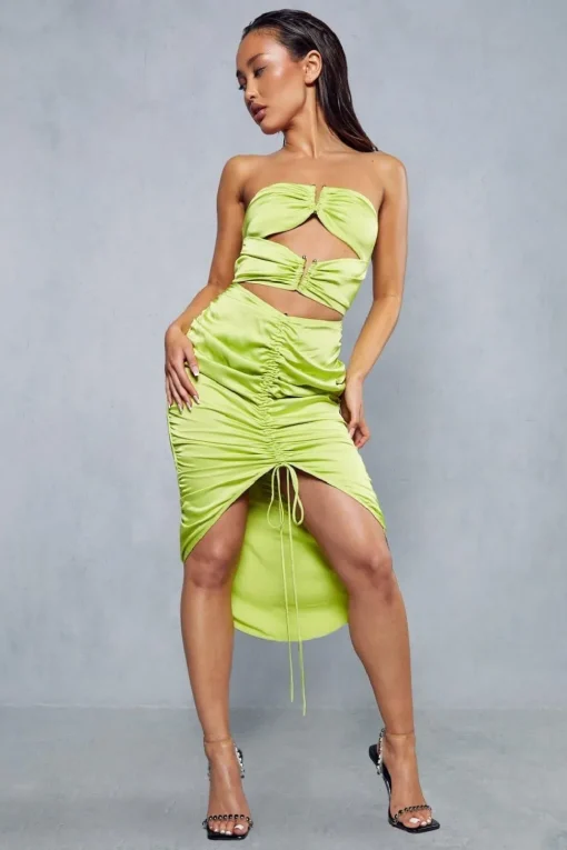 Satin Ruched V Bar Detail Cut Out Midi Dress