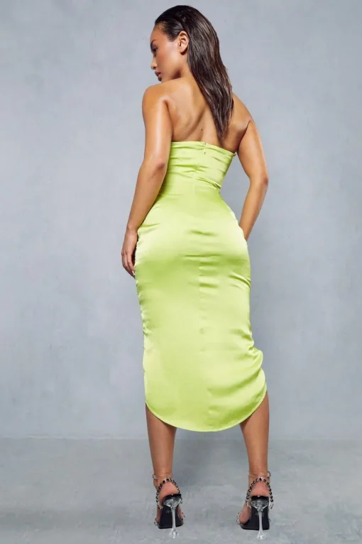 Satin Ruched V Bar Detail Cut Out Midi Dress