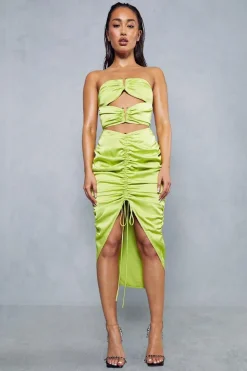 Satin Ruched V Bar Detail Cut Out Midi Dress