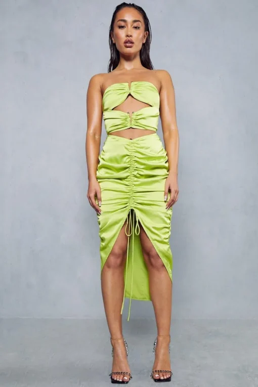 Satin Ruched V Bar Detail Cut Out Midi Dress