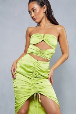 Satin Ruched V Bar Detail Cut Out Midi Dress