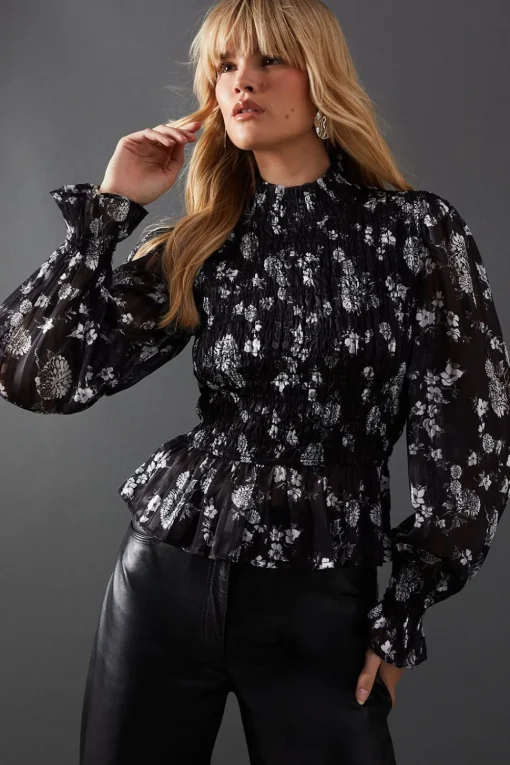 Satin Shadow Stripe Shirring Peplum Hem Top