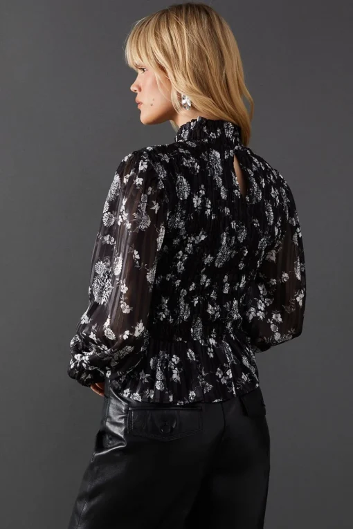 Satin Shadow Stripe Shirring Peplum Hem Top