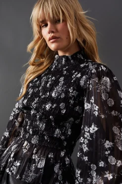 Satin Shadow Stripe Shirring Peplum Hem Top
