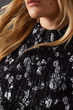 Satin Shadow Stripe Shirring Peplum Hem Top