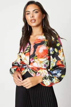 Satin Twist Front Blouson Sleeve Top