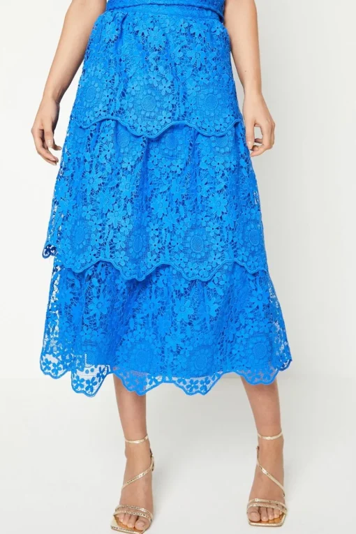 Scallop Lace Tiered Midi Skirt