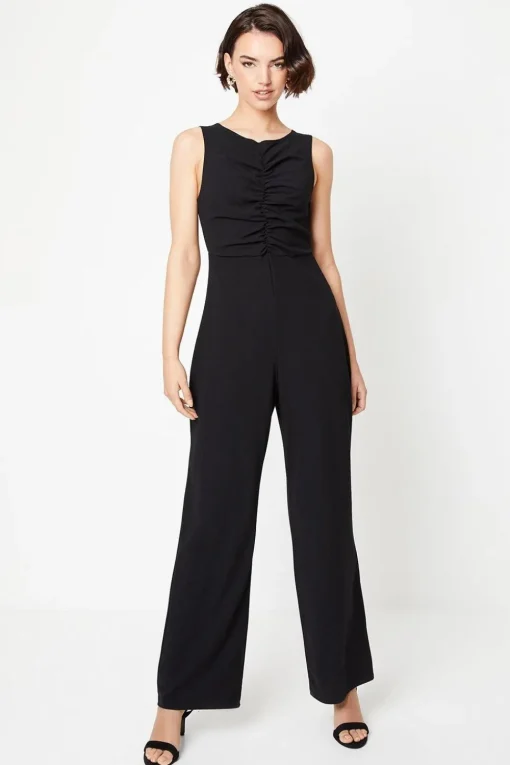 Scuba Crepe Ruched Front Wide Leg Jumpsuit