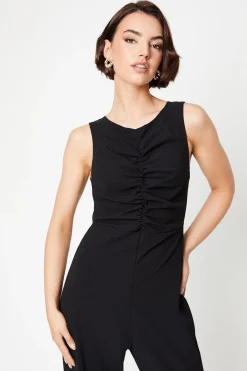 Scuba Crepe Ruched Front Wide Leg Jumpsuit