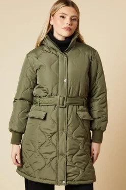 Self Covered Button Quilted Padded Puffer Midi Coat