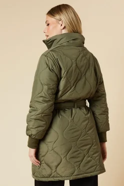Self Covered Button Quilted Padded Puffer Midi Coat