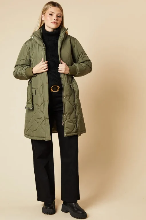 Self Covered Button Quilted Padded Puffer Midi Coat