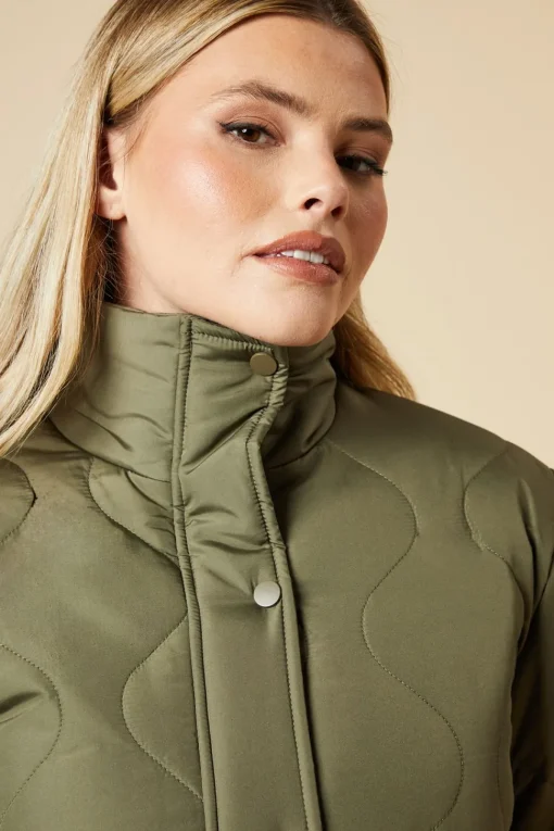 Self Covered Button Quilted Padded Puffer Midi Coat