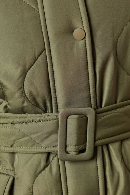 Self Covered Button Quilted Padded Puffer Midi Coat