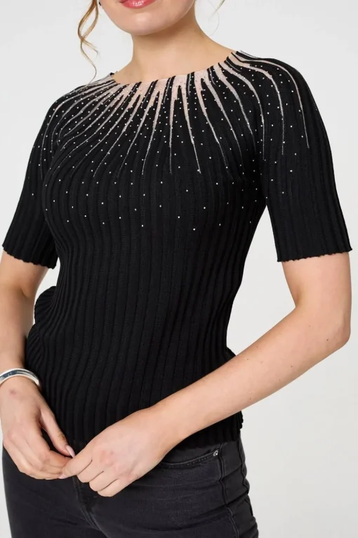 Sequin Embellished Short Sleeve Knit Top