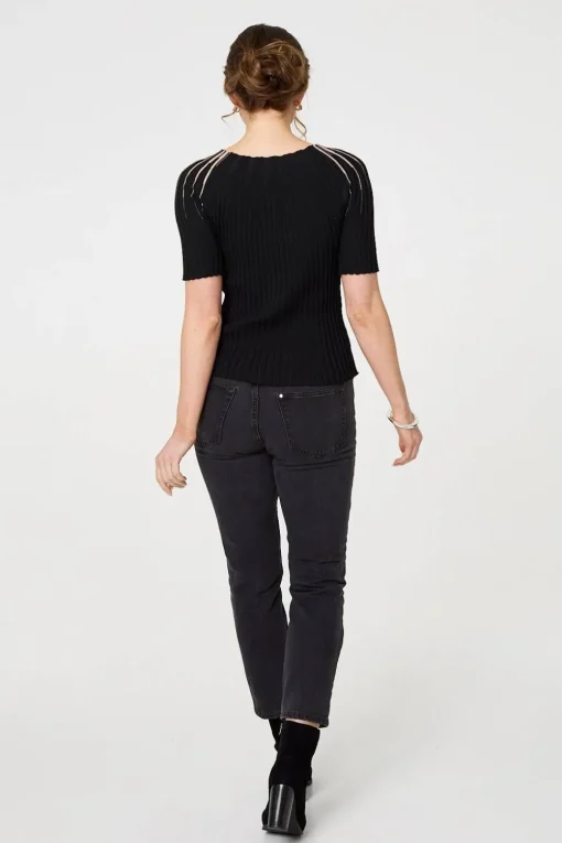 Sequin Embellished Short Sleeve Knit Top