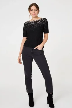 Sequin Embellished Short Sleeve Knit Top